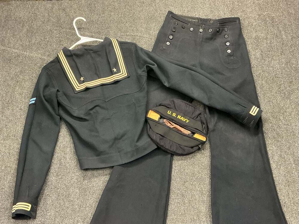 Vintage US Navy Sailor WWII Uniform Set Wool Jumper Pants and Dixie Cup Hat